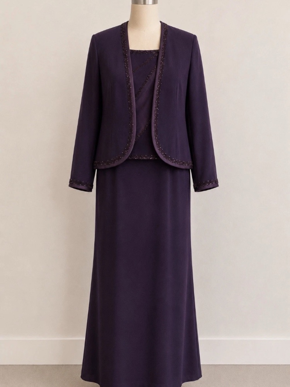 Montage by Mon Cheri Deep Plum Beaded Two-Piece Maxi Dress and Jacket
